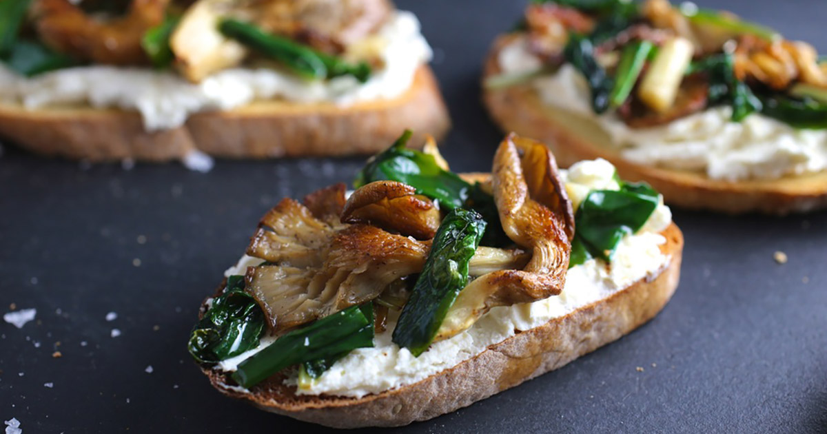 Brown Butter Ramps and Oyster Mushrooms on Ricotta Crostini