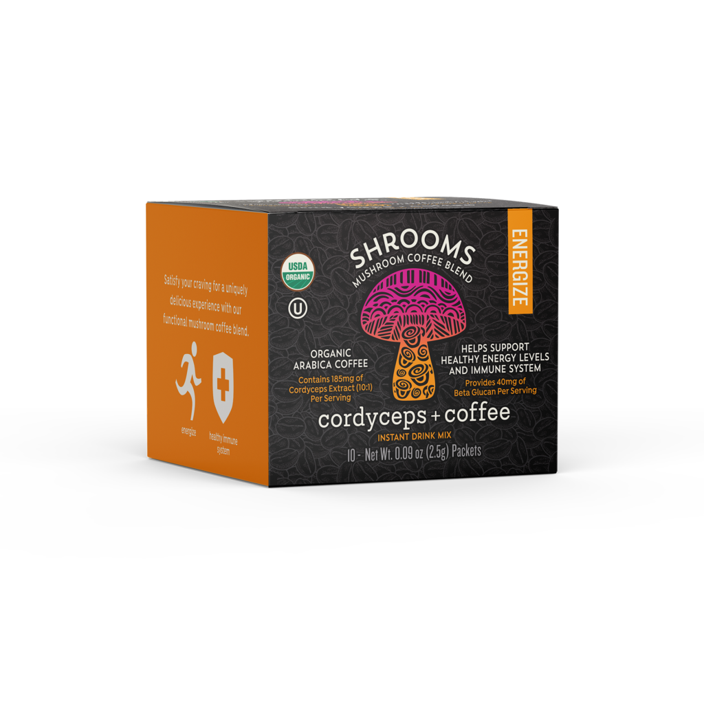 Box of SHROOMS ENERGIZE mushroom coffee.