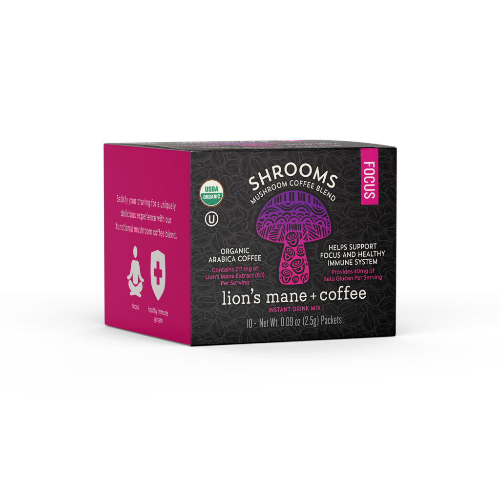 Box of SHROOMS FOCUS mushroom coffee.