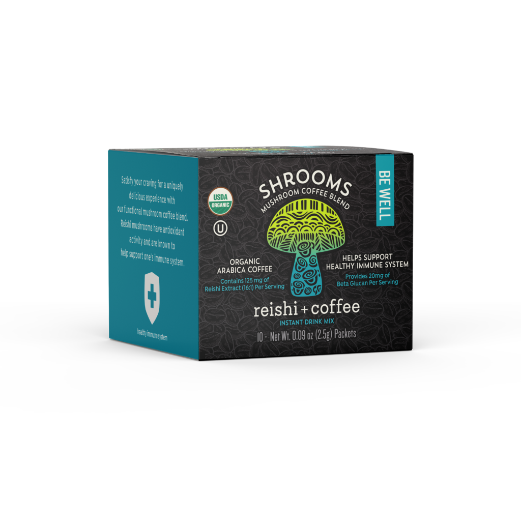 Box of SHROOMS BE WELL mushroom coffee.
