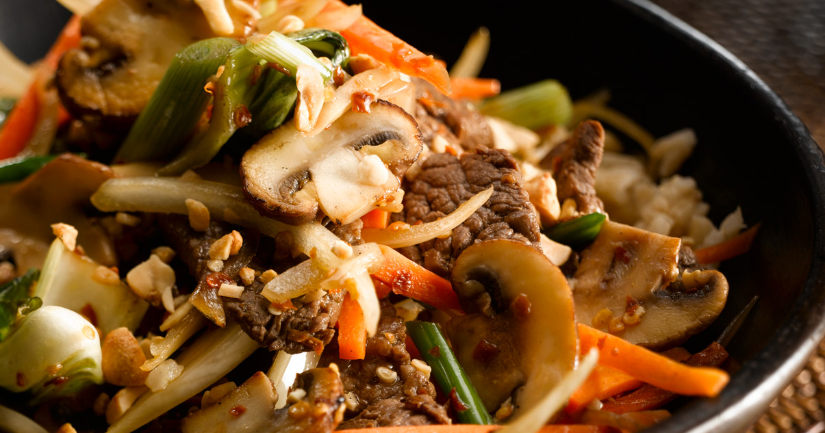 Ginger beef stir fry recipe made with fresh sliced mushrooms from South Mill Champs