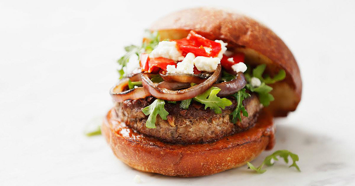 Mediterranean blended burger recipe made with South Mill Champs fresh mushrooms