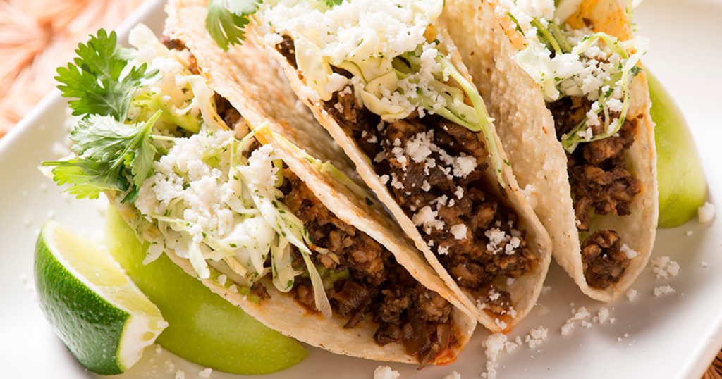 Mushroom and Beef Tacos with Salsa and Cotija Cheese