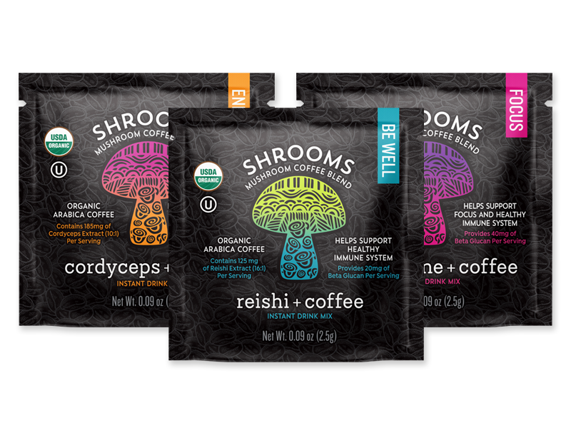 SHROOMS Mushroom Coffee packaging in reshi, cordyceps, and lion's mane mushroom flavors