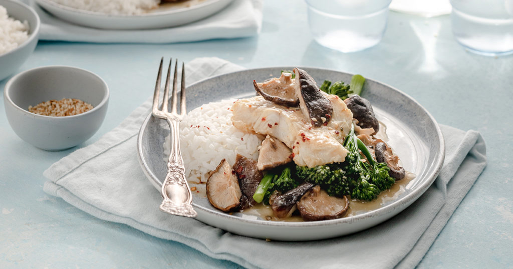 Miso White Fish with Mushrooms and Broccolini